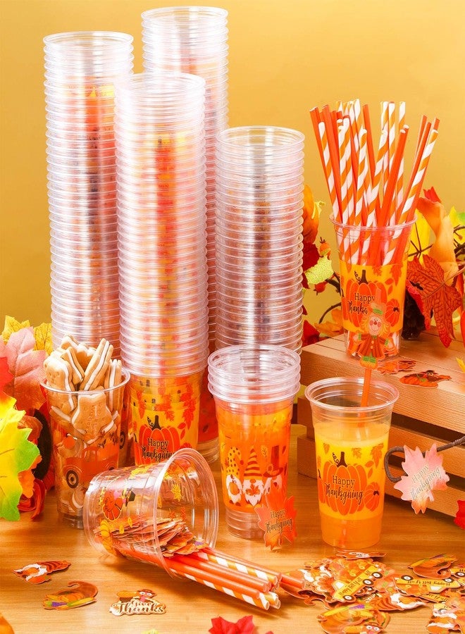 Uiifan أكواب بلاستيكية شفافة للاستخدام مرة واحدة من Uiifan، سعة 12 أونصة، 150 قطعة، مع 150 ماصة و150 ملصقًا، بتصميمات قزم، ديك رومي، يقطين، وشاحنة. مثالية لحفلات الخريف والحصاد. - Image 5